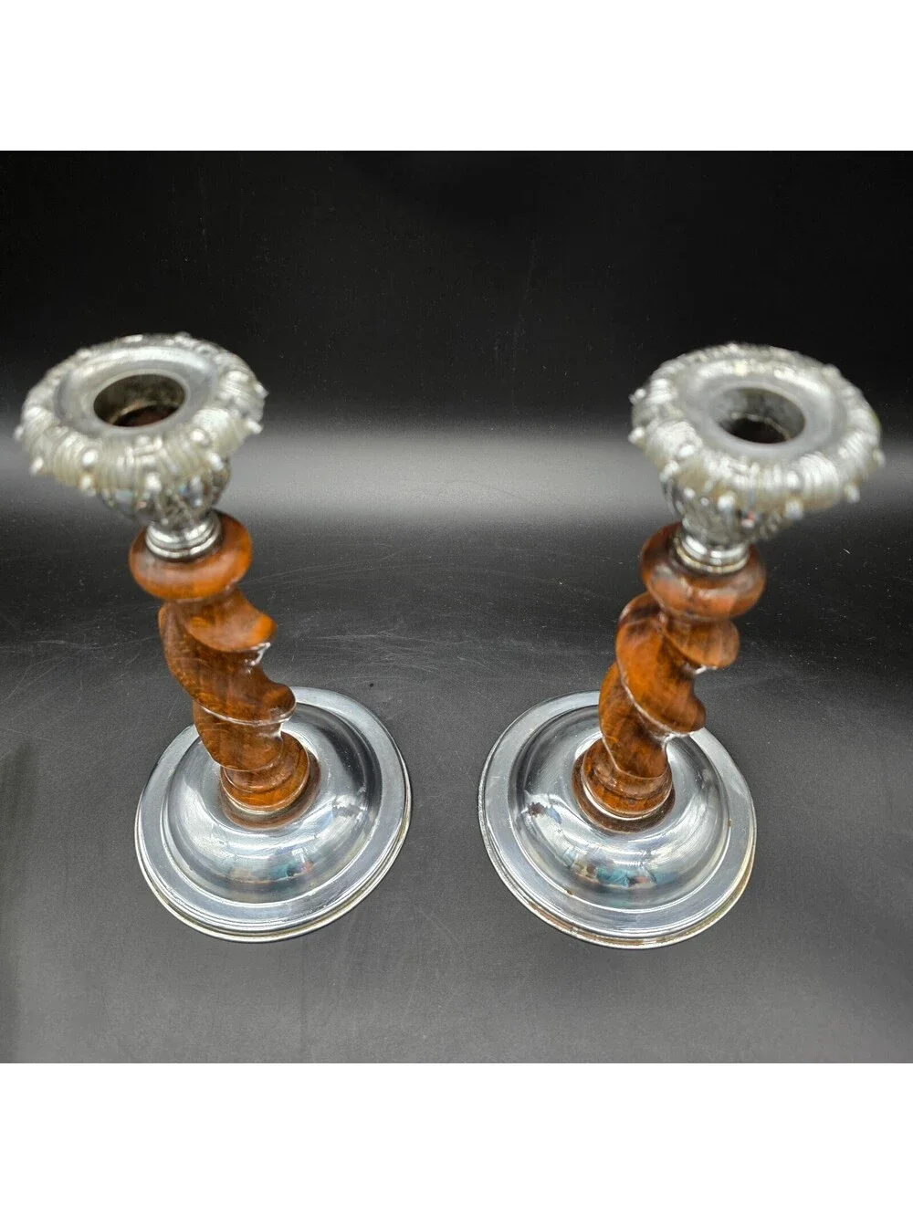 Vintage English Barley Twist Candlesticks Pair Oak Wood & Chrome Silver Art Deco